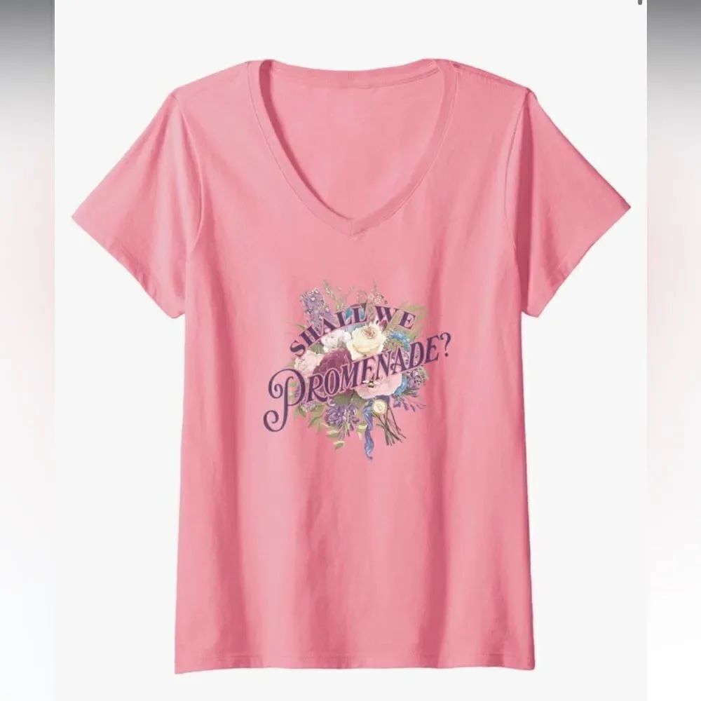 Bridgerton Shall We Promenade V-Neck T-Shirt in Pink size L